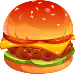 Cartoon fast food cheeseburger or burger for takeaway sandwich, vector icon. Fast food restaurant cartoon hamburger with sesame bun, cheese, and cucumbers for fastfood meals delivery menu