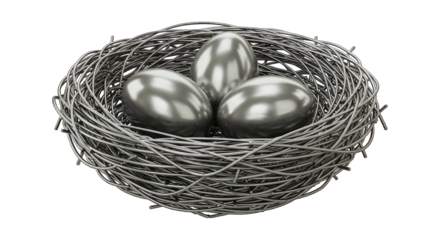 Shiny silver eggs nestled in a metallic wire nest, investment, wealth, protection, finance