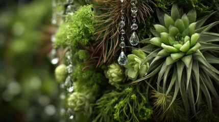 A tree made of lush green succulents and air plants, with tiny water droplet ornaments, bright and healthy, greenhouse setting