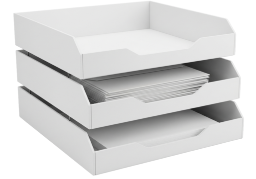 Streamline office workflow with a modern white three-tier paper tray organizer, perfect for keeping documents sorted and accessible, promoting efficiency and productivity