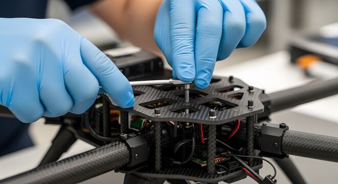 Close-up of hands in blue gloves assembling a drone with a screwdriver. - Powered by Adobe