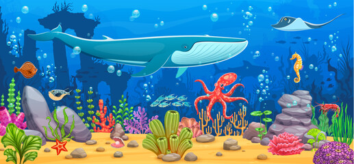 Underwater landscape with cartoon blue whale and octopus in coral reef, vector background. Sea and ocean underwater landscape with seahorse and manta ray or fugu fish with pearl shell in deep water © Vector Tradition