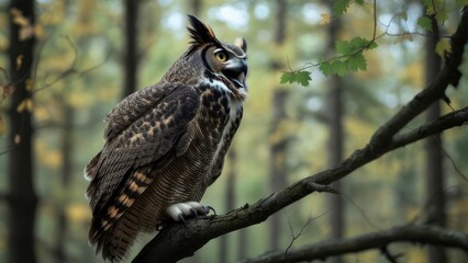 Great Horned Owl perched on a branch in a forest