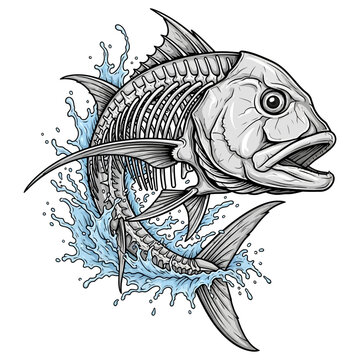 Giant Trevally fish skeleton leaping from ocean waves