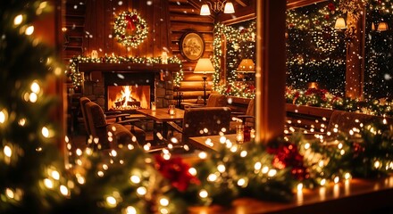 Cozy log cabin interior decorated for christmas with warm lights and fireplace