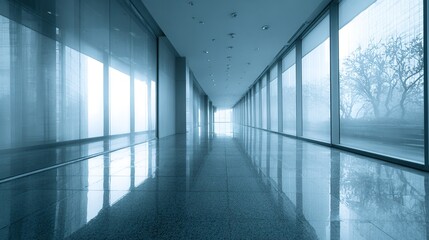 Serene blue toned hallway in modern office building with large glass windows creating soft, diffused light. High quality