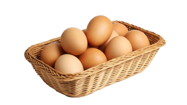 Fresh Brown Eggs in Wicker Basket on White Background