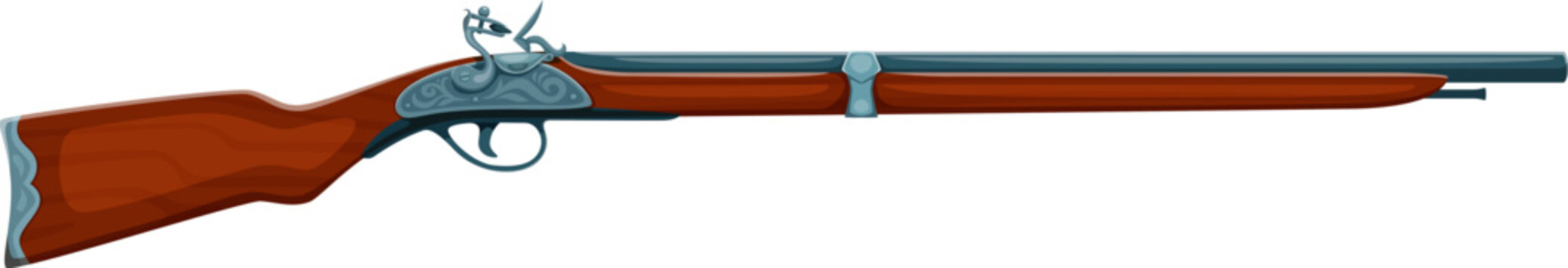 Cartoon corsair pirate bandit flintlock rifle weapon. Pirate skipper antique gunpowder isolated vector weapon, buccaneer or privateer sailor cartoon flintlock musket. Filibuster 18th century gun