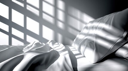 A close-up view of an unmade bed with rumpled white sheets and a pillow, illuminated by dramatic diagonal shadows cast from a window with a grid pattern.