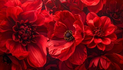 Vivid Red Dahlia and Poppy Flowers with Floral Background, Romantic Beauty, and Closeup View.