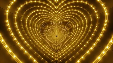 Tunnel of glowing yellow heart shaped lights creating a romantic and festive atmosphere for valentines day