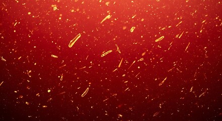 Abstract background of swirling red liquid with golden particles and bokeh