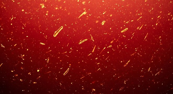 Abstract background of swirling red liquid with golden particles and bokeh