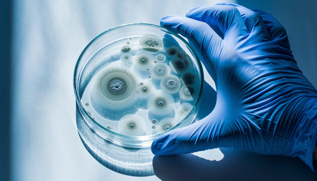 Gloved hand holding petri dish with mold colonies under laboratory lighting, scientific research, microbiology, sterile environment, blue tone, inspection, growth analysis