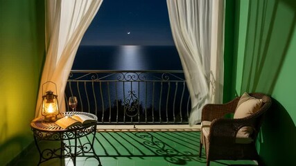 Romantic evening on the balcony overlooking the sea with a book, wine, and lantern under the moonlight