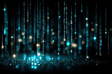 Digital rain and glowing data stream: futuristic neon blue and orange binary lights in dark background