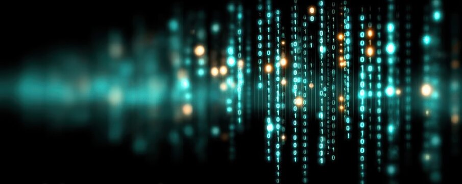 Vector illustration of blue glowing binary code on a dark background for tech and data themes