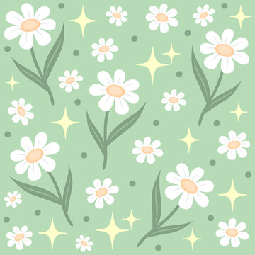  Cute Seamless Daisy Flower Pattern. Springtime Floral and Stardust Background in Pastel Green 