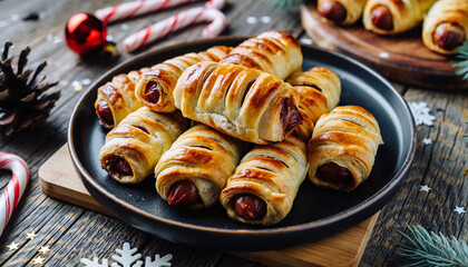 A plate of sausage rolls on a rustic wooden table with Christmas decorations, including candy canes and pine needles, in a cozy and festive atmosphere.