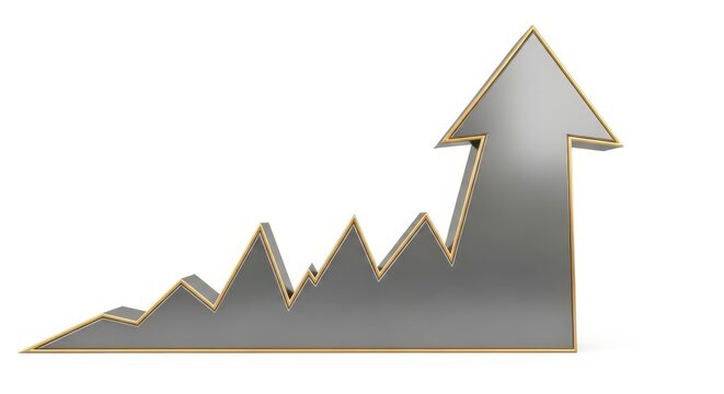 Metallic 3d arrow graph showing upward trend and positive growth isolated on white background