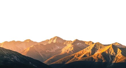 Majestic mountain range illuminated by golden hour sunlight with a vast white background isolated on white background