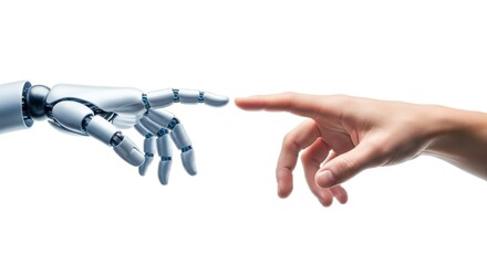 A human hand and a robotic hand reaching out to touch fingers on a white background isolated on white background