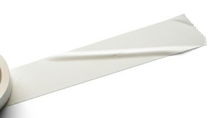 A roll of white adhesive tape with a strip pulled out diagonally across a clean white background isolated on white background