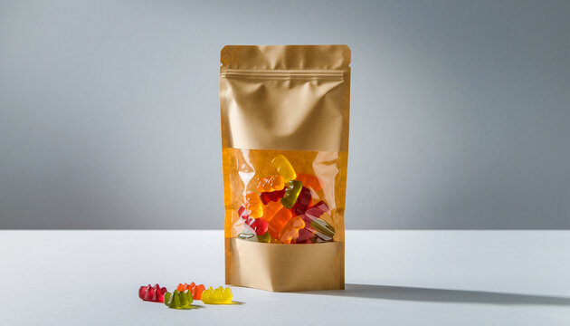Stand up pouch snack packaging mockup with transparent window showing colorful gummy bears, some spilling out, on white table with soft lighting, creating playful mood
