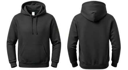 Front and back view of a plain black hooded sweatshirt with drawstrings isolated on white background