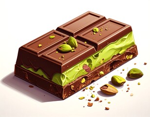 Chocolate bar with pistachio filling and toppings on white backdrop