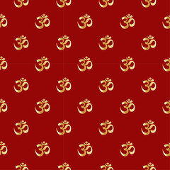 Seamless Pattern with Golden Om (Aum) Symbol on Red Background. Repeatable Sacred Hindu and Yoga Texture. Spiritual Wallpaper, Fabric, or Decorative Design.