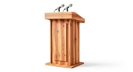 A sturdy wooden podium with two microphones stands ready for a presentation isolated on white background