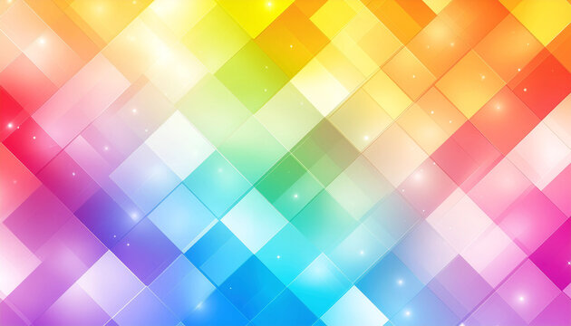 A vibrant abstract background featuring a diagonal gradient of rainbow colors with shimmering geometric squares and light effects.