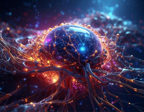 Illuminated, spherical form with intricate, glowing connective structures