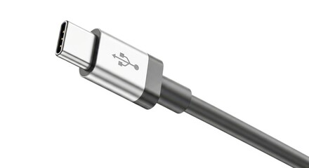 Close up of a modern silver usb type c connector with a black cable isolated on white background