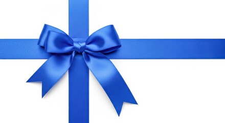 A vibrant blue satin ribbon tied into a decorative bow forming a cross shape isolated on white background