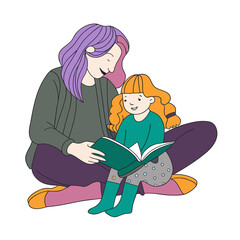 Family love illustration of mother, daughter, girl, and boy cartoon characters smiling with a heart vector for children's book art