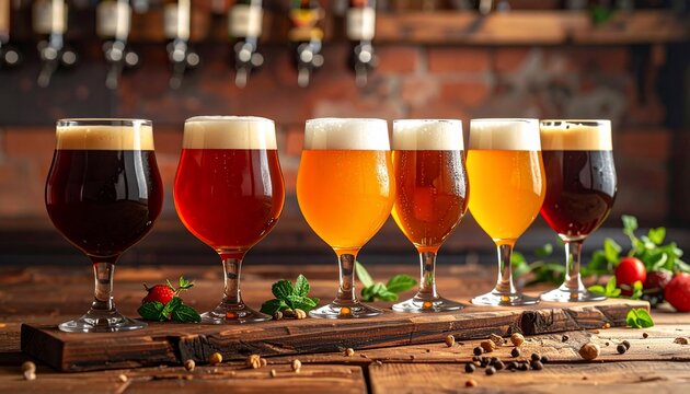 A flight of craft beers in elegant glasses with a pub setting, and and brick wall backdrop.