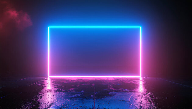 A vibrant blue and pink neon glowing rectangular frame illuminates a dark, wet, reflective futuristic floor, creating an abstract and moody atmosphere.