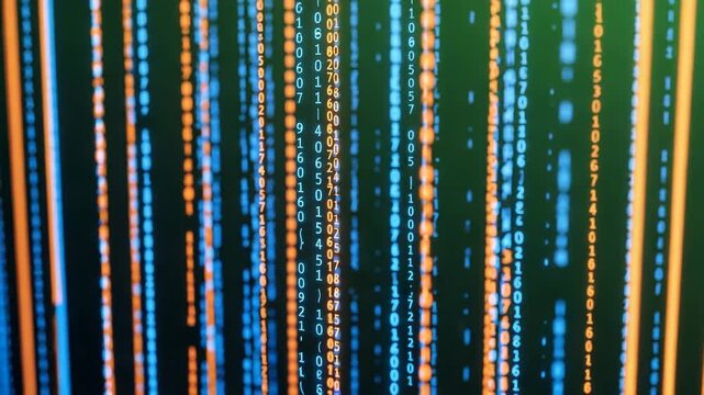 Abstract digital display with binary code in orange and blue, creating a futuristic and technological feel
