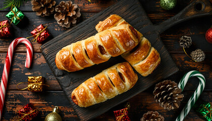 A festive Christmas dinner setup in the UK featuring golden-brown pastries on a wooden board surrounded by candy canes pinecones and ornaments on a rustic table with a warm cozy mood.