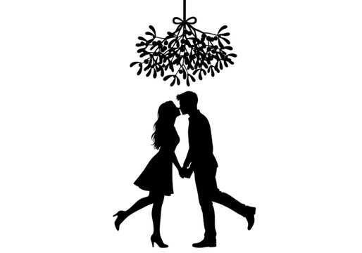 Romantic silhouette of a couple holding hands and kissing under mistletoe.