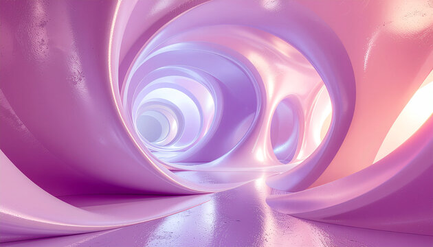 Abstract futuristic iridescent tunnel with swirling organic forms in shades of purple and pink, creating a dreamlike passage.