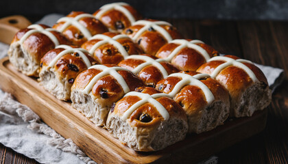 A wooden cutting board with freshly baked hot cross buns, topped with white icing, on a rustic table, evoking a traditional Christmas dinner in the UK with warm tones and a cozy atmosphere.