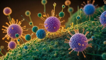 Fototapeta premium Purple virus particles attaching to green host cell surface