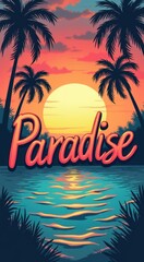 Obraz premium Sunset with palm trees and the word paradise