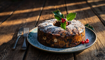 A traditional Christmas pudding dessert, decorated with holly and red berries, on a plate with a fork and knife, set on a rustic wooden table in the UK, with warm lighting and a festive
