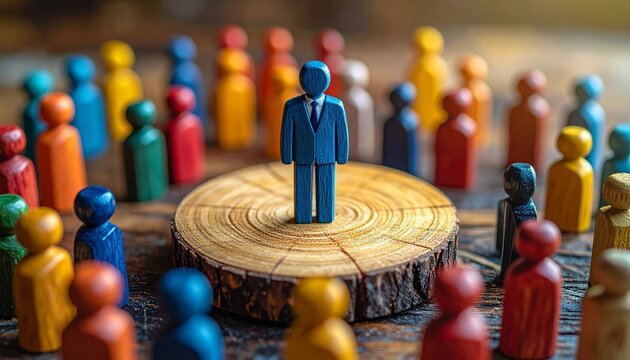 Blue-suited figure on pedestal surrounded by colorful figurines.