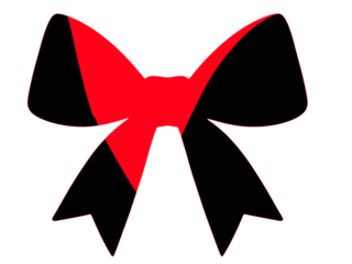 A stylized bow features prominent red and black sections. It has a symmetrical design with two loops and two ribbon tails