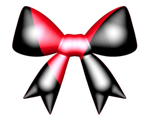 A digitally rendered 3D bow features a glossy, puffy appearance with alternating red and black sections